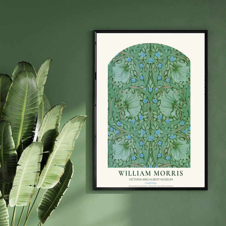 Curving willow leaves wrap around small blue flowers in this William Morris Pimpernel wall poster. MapYourDreams delivers museum-grade framed, unframed, and canvas options available with fast shipping for art lovers.