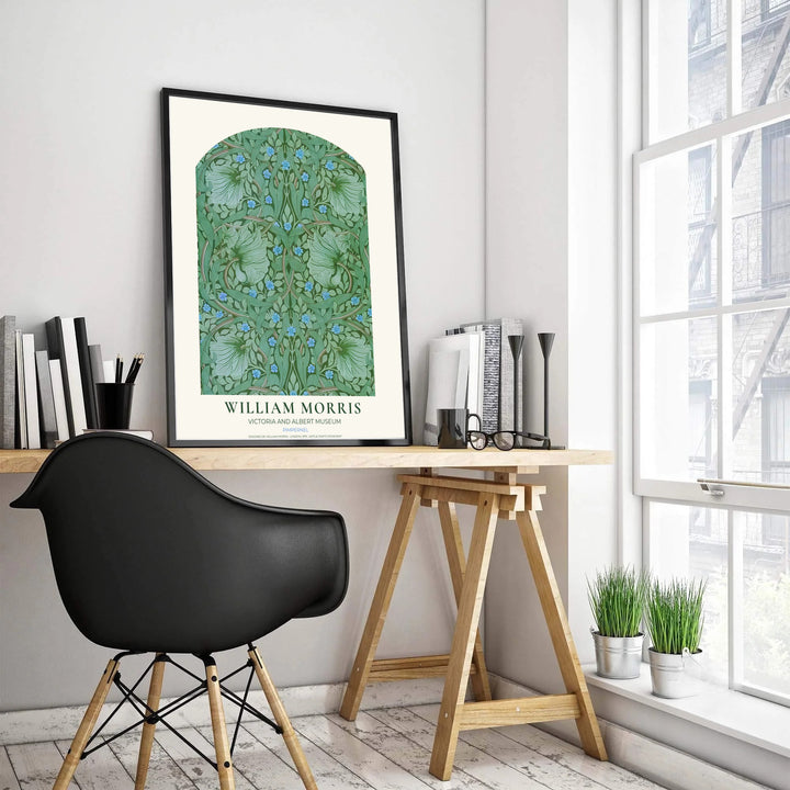 Historical wallpaper patterns set in a cream museum border shine in this William Morris Pimpernel poster. MapYourDreams presents professional framed, unframed, and canvas options available to suit your frame style.