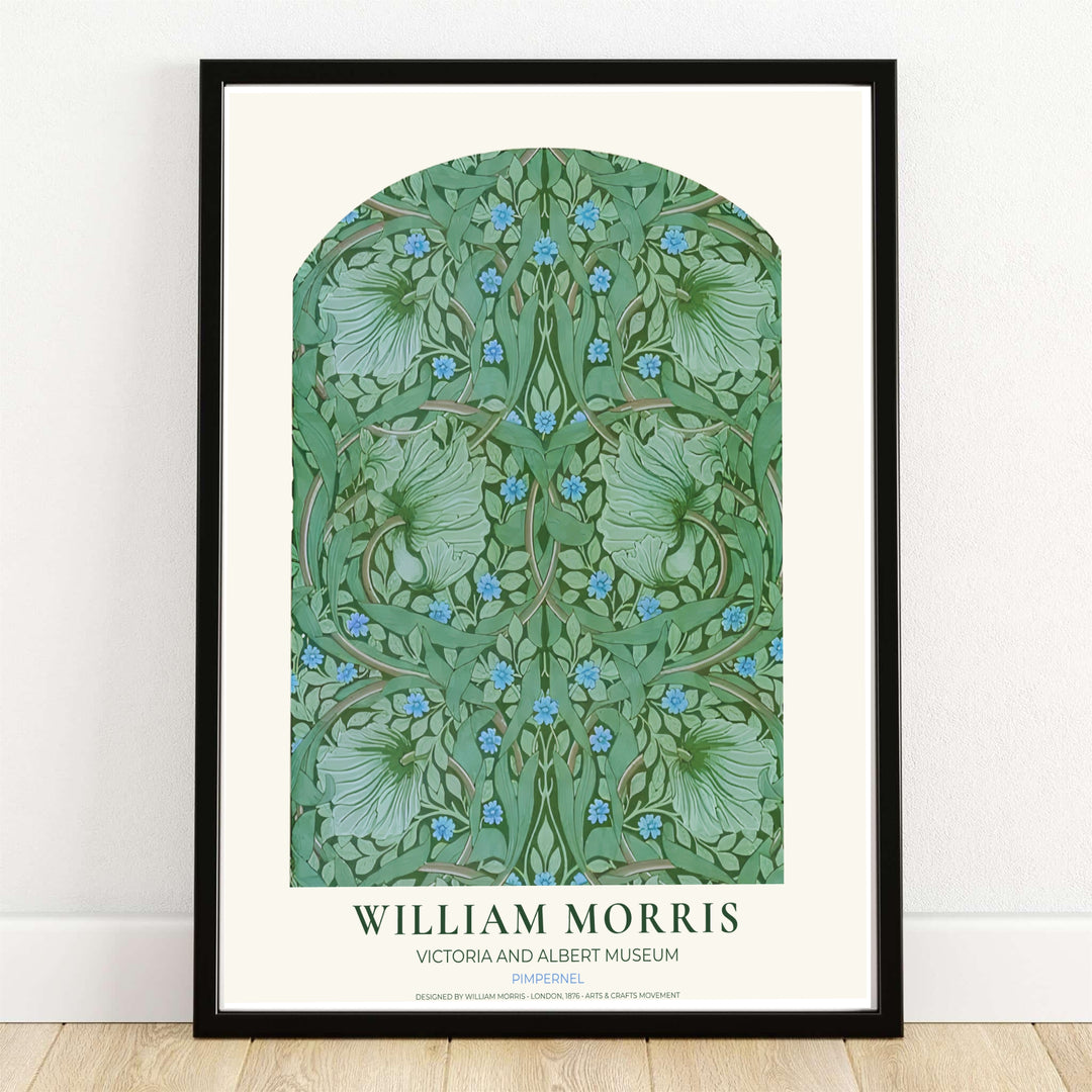 Swirling sage leaves and sky blue flowers fill an arch in this William Morris Pimpernel print. MapYourDreams supplies this vintage botanical artwork in framed, unframed, and canvas options available for peaceful bedroom wall decor.