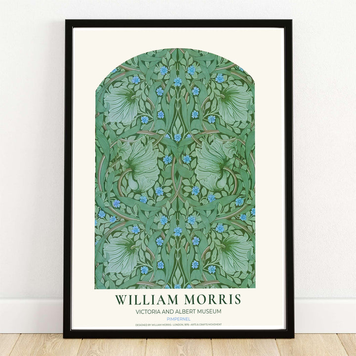 Swirling sage leaves and sky blue flowers fill an arch in this William Morris Pimpernel print. MapYourDreams supplies this vintage botanical artwork in framed, unframed, and canvas options available for peaceful bedroom wall decor.