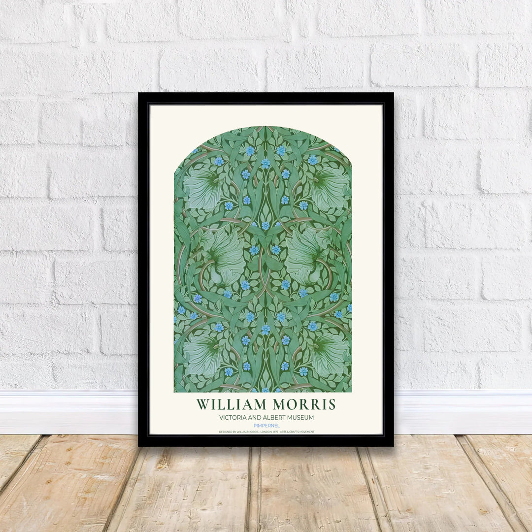 Earthy sage and bright blue hues combine in this timeless English William Morris Pimpernel print layout. Choose tailored framed, unframed, and canvas options available at MapYourDreams to complement neutral furniture.