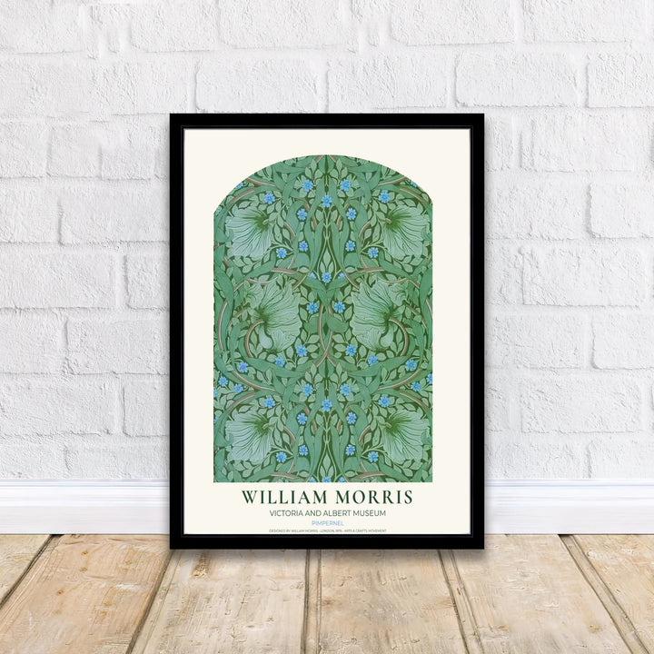 Earthy sage and bright blue hues combine in this timeless English William Morris Pimpernel print layout. Choose tailored framed, unframed, and canvas options available at MapYourDreams to complement neutral furniture.