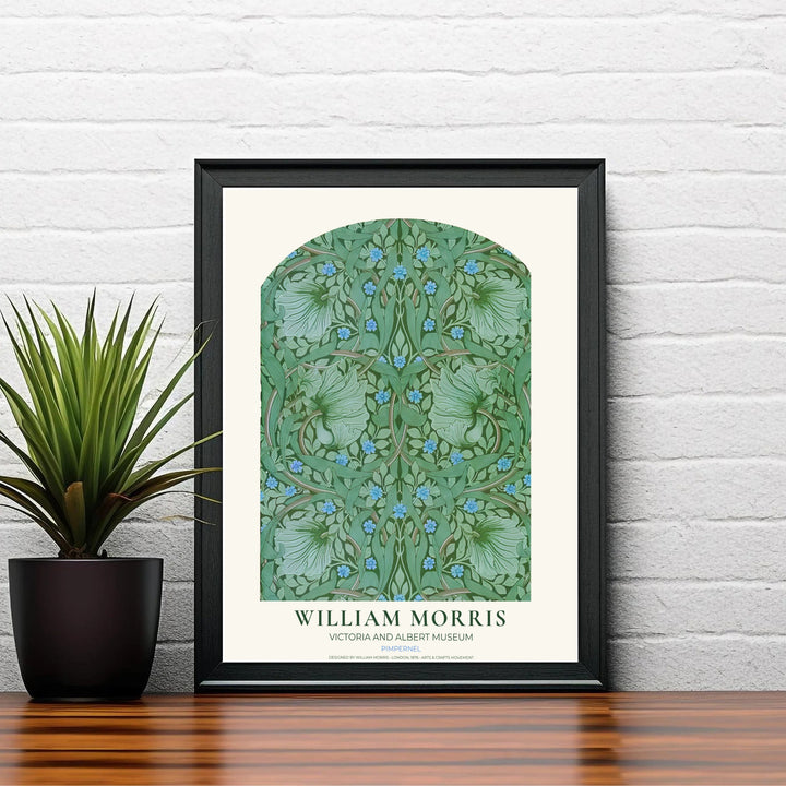 An arched botanical window layout highlights this 19th-century William Morris Pimpernel exhibition poster. Shop premium framed, unframed, and canvas options available online today from MapYourDreams for cozy wall spaces.