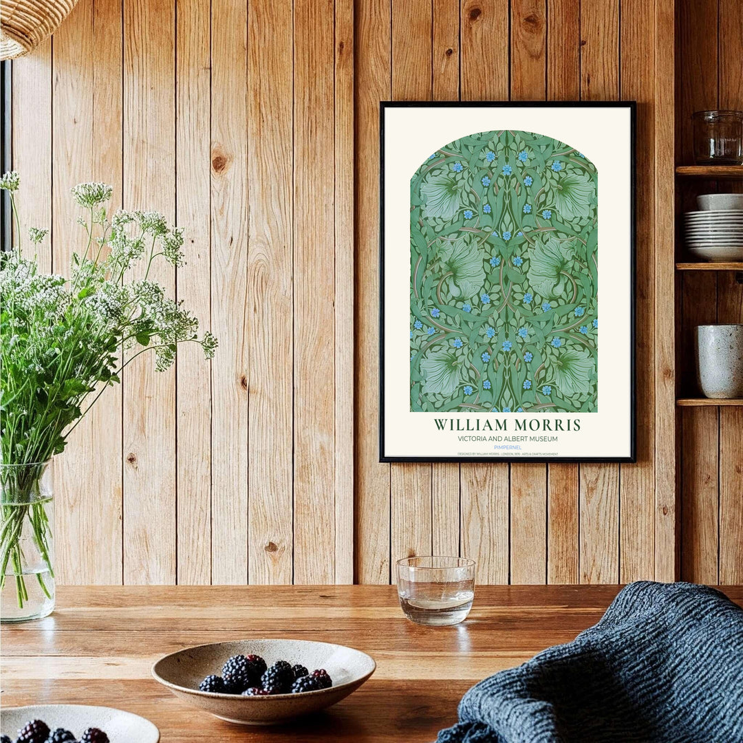 Restful green foliage and sky blue floral details define this William Morris Pimpernel textile illustration. MapYourDreams offers fine art framed, unframed, and canvas options available to elevate reading nook decor.