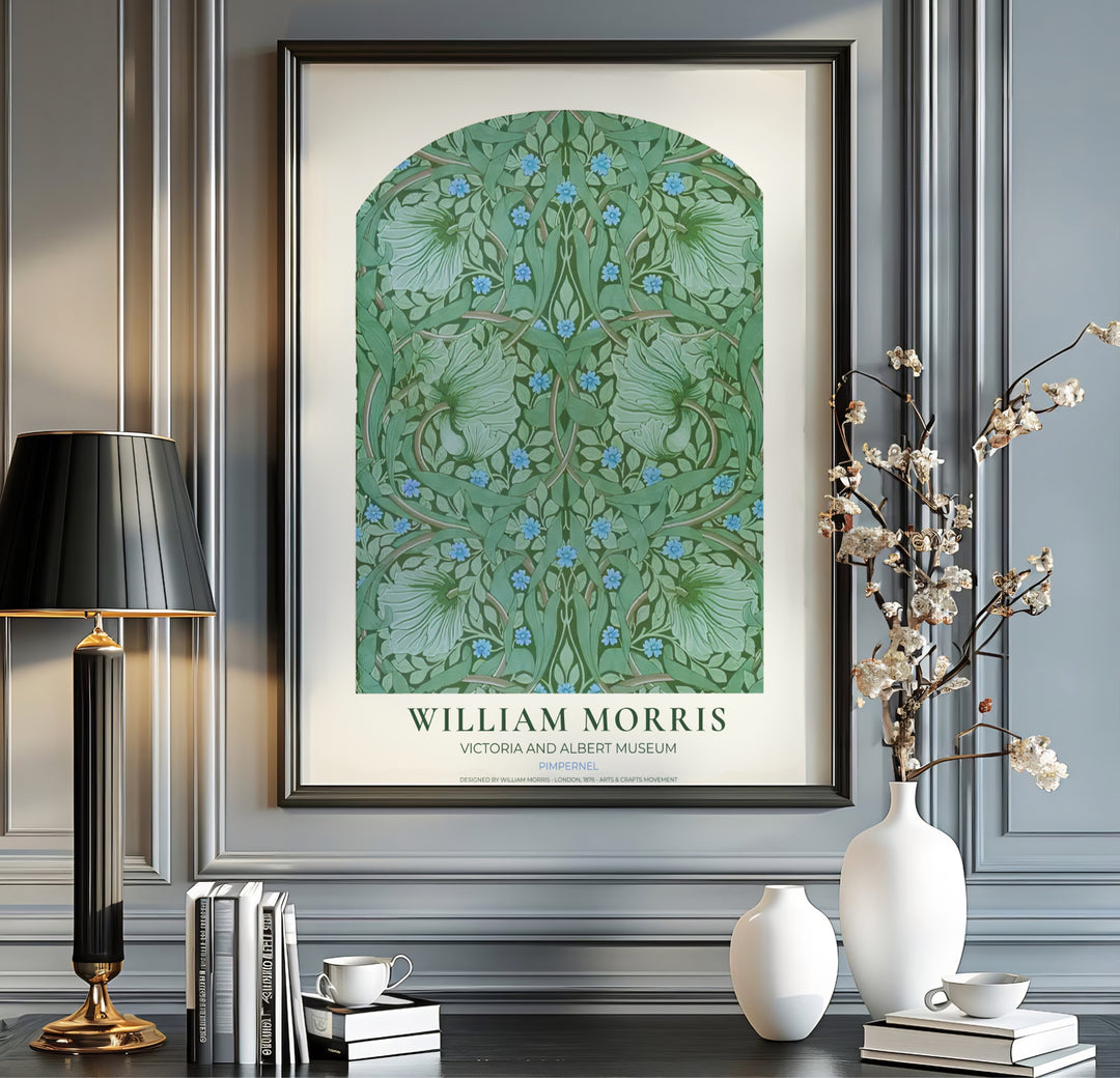 Pale green pimpernel petals swirl against dark leaves in this William Morris Pimpernel art print. Discover ready-to-hang framed, unframed, and canvas options available at MapYourDreams for effortless room decoration.