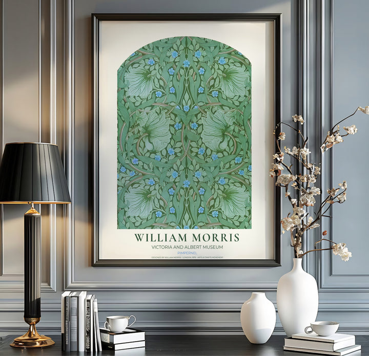 Pale green pimpernel petals swirl against dark leaves in this William Morris Pimpernel art print. Discover ready-to-hang framed, unframed, and canvas options available at MapYourDreams for effortless room decoration.