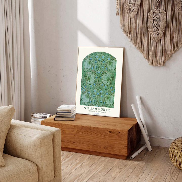 Muted green tones meet bright blue floral dots in a sophisticated William Morris Pimpernel artwork print. MapYourDreams provides stylish framed, unframed, and canvas options available for designing elegant living quarters.