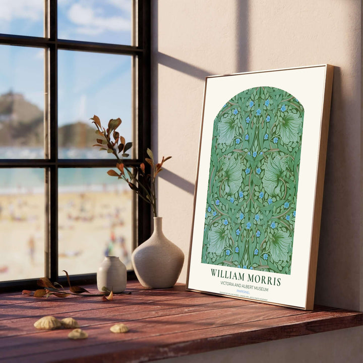Large pimpernel blooms and curved stems define this Victorian William Morris Pimpernel wall hanging. Select durable framed, unframed, and canvas options available at MapYourDreams to match your custom picture frame choices.