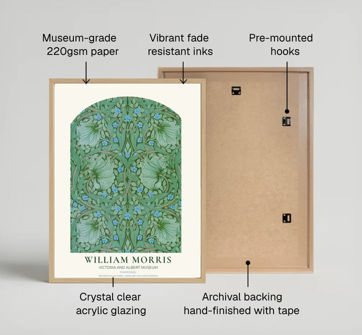 An elegant arched window layout frames sage green leaves in this William Morris Pimpernel art print. MapYourDreams provides archival framed, unframed, and canvas options available for nature-inspired home interior decoration.