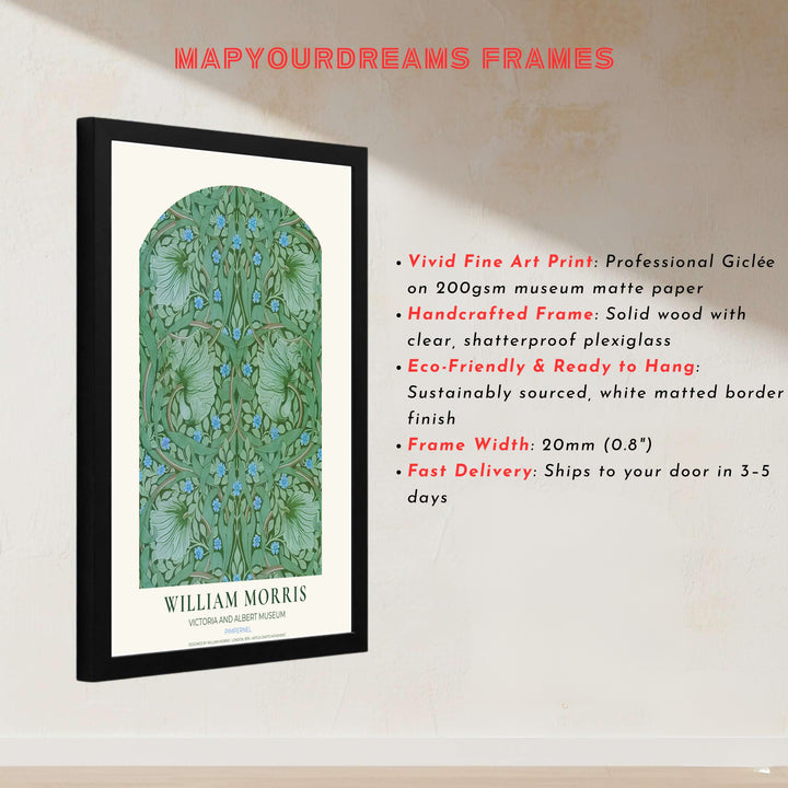 Flowing leaf patterns create a restful, organic aesthetic in this William Morris Pimpernel art print. MapYourDreams features high-resolution framed, unframed, and canvas options available for sage green bedrooms.