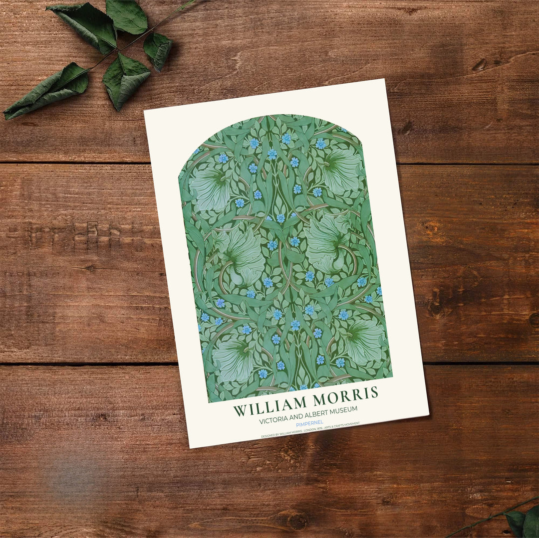 English Arts and Crafts heritage shines in this green and blue William Morris Pimpernel illustration. Order custom framed, unframed, and canvas options available at MapYourDreams to establish a serene home interior accent.
