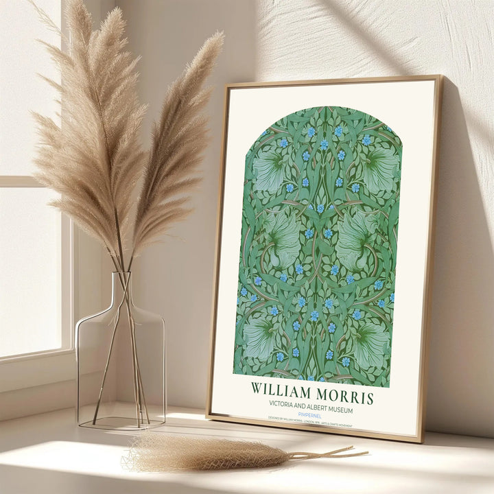 Swirling botanical tendrils fill an inner arch in this vintage William Morris Pimpernel design for wall decor. MapYourDreams offers versatile framed, unframed, and canvas options available to refresh your home space.