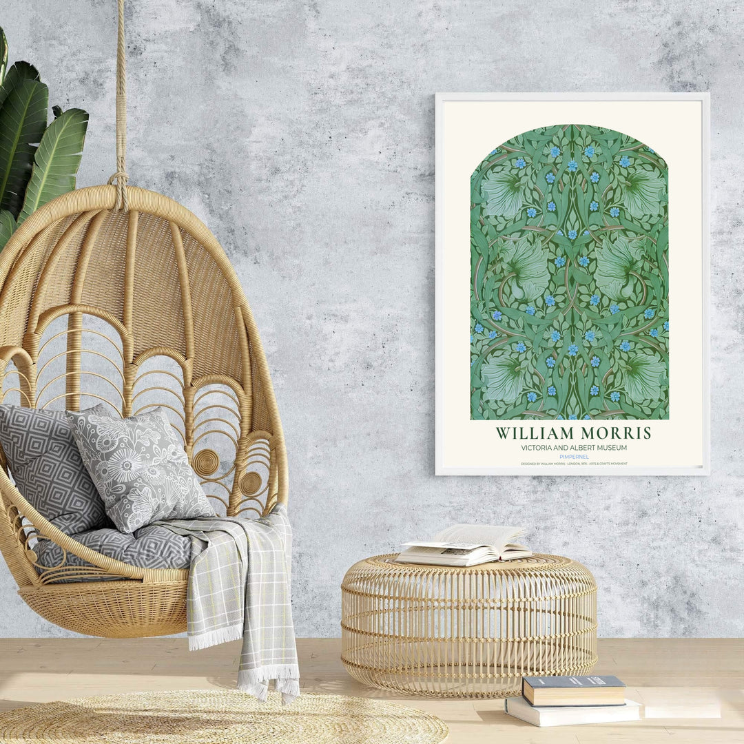 Tranquil sage and sky blue tones combine for a natural aesthetic in this William Morris Pimpernel poster. Shop ready-to-ship framed, unframed, and canvas options available from MapYourDreams to complement modern decor.