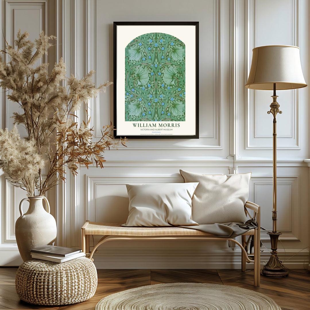 Botanical line art and flowing willow leaves bring historic charm in this William Morris Pimpernel print. MapYourDreams delivers museum-quality framed, unframed, and canvas options available for quick home delivery.