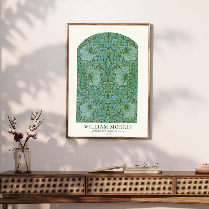Muted green and blue wall decor inspired by 1876 wallpaper defines this William Morris Pimpernel print. MapYourDreams brings tailored framed, unframed, and canvas options available to match your unique home aesthetic.