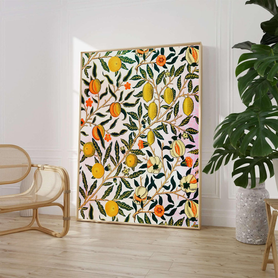 Brighten your dining area with this colorful orange and yellow William Morris Pomegranate Fruit exhibition print layout. MapYourDreams offers custom framed, unframed, and canvas options available for farmhouse kitchen displays.