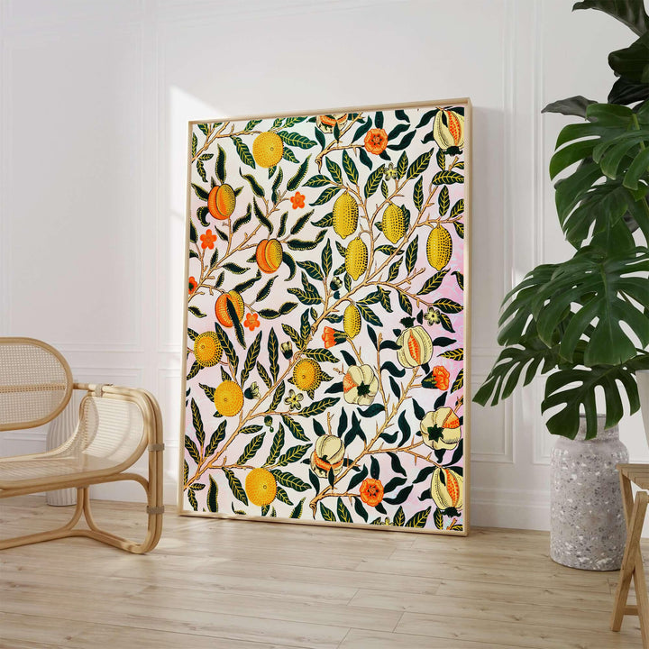 Brighten your dining area with this colorful orange and yellow William Morris Pomegranate Fruit exhibition print layout. MapYourDreams offers custom framed, unframed, and canvas options available for farmhouse kitchen displays.