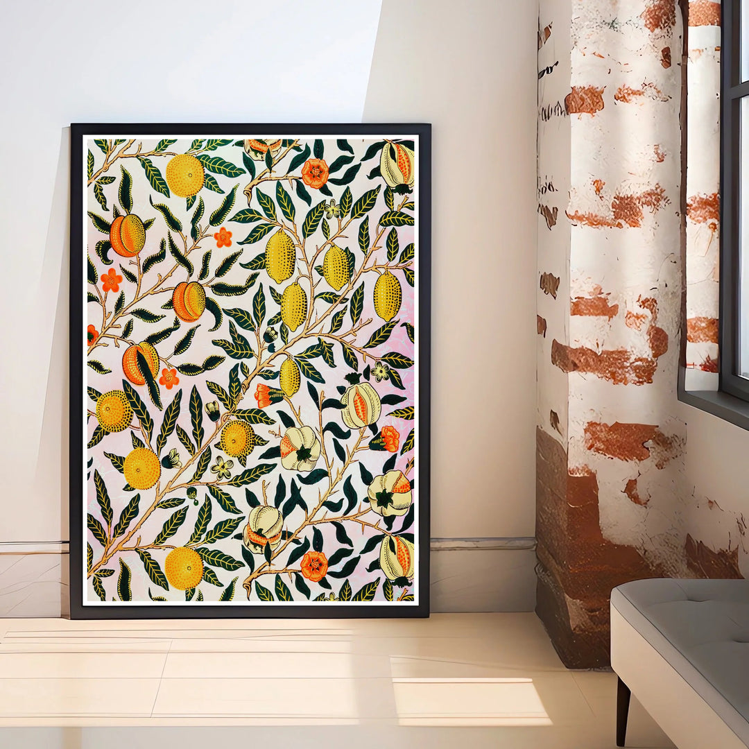 Orange blooms and ripe lemons scatter across branches in this restored William Morris Pomegranate Fruit print. Order beautiful framed, unframed, and canvas options available at MapYourDreams to create a vibrant focal point.