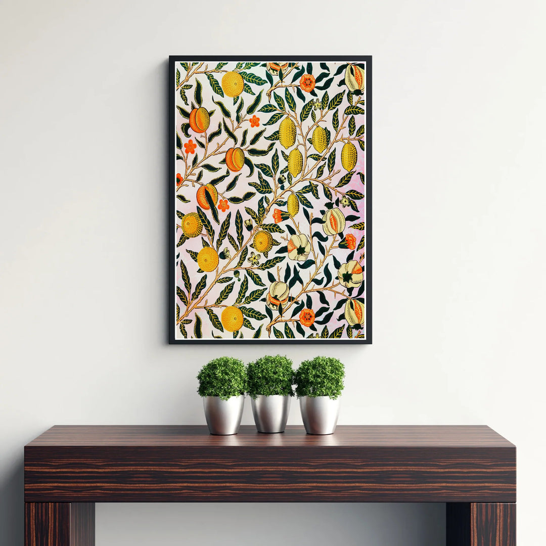 Inspired by 1864 wallpaper graphics, this full-bleed William Morris Pomegranate Fruit art piece brings nature indoors. Explore versatile framed, unframed, and canvas options available at MapYourDreams for cottagecore rooms.