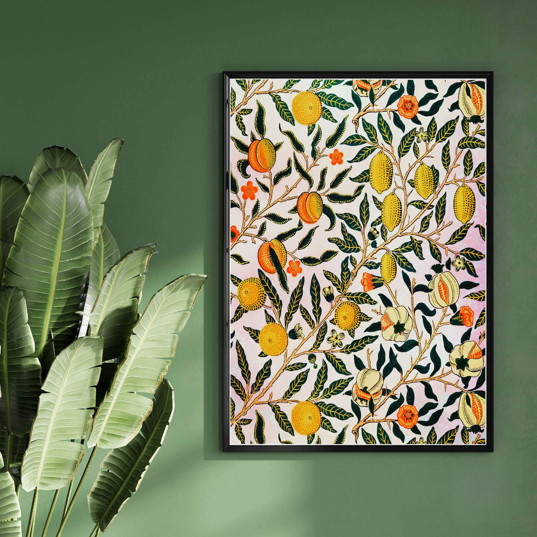 Yellow lemons contrast with dark green foliage in this edge-to-edge William Morris Pomegranate Fruit poster. MapYourDreams delivers museum-grade framed, unframed, and canvas options available with fast shipping for art lovers.