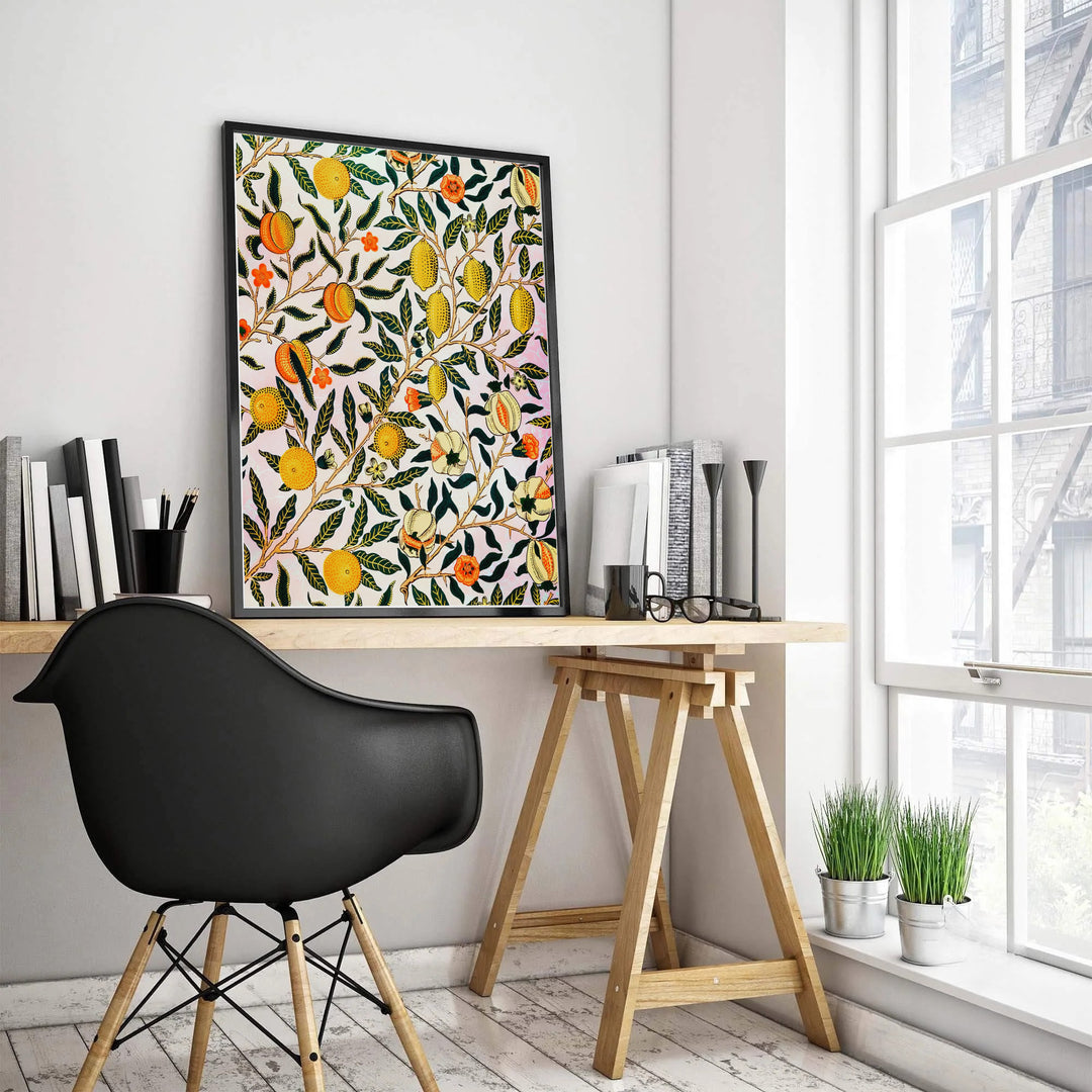 Yellow citrus and orange pomegranates pop against an off-white field in this William Morris Pomegranate Fruit art print. Discover ready-to-hang framed, unframed, and canvas options available at MapYourDreams for home decor.