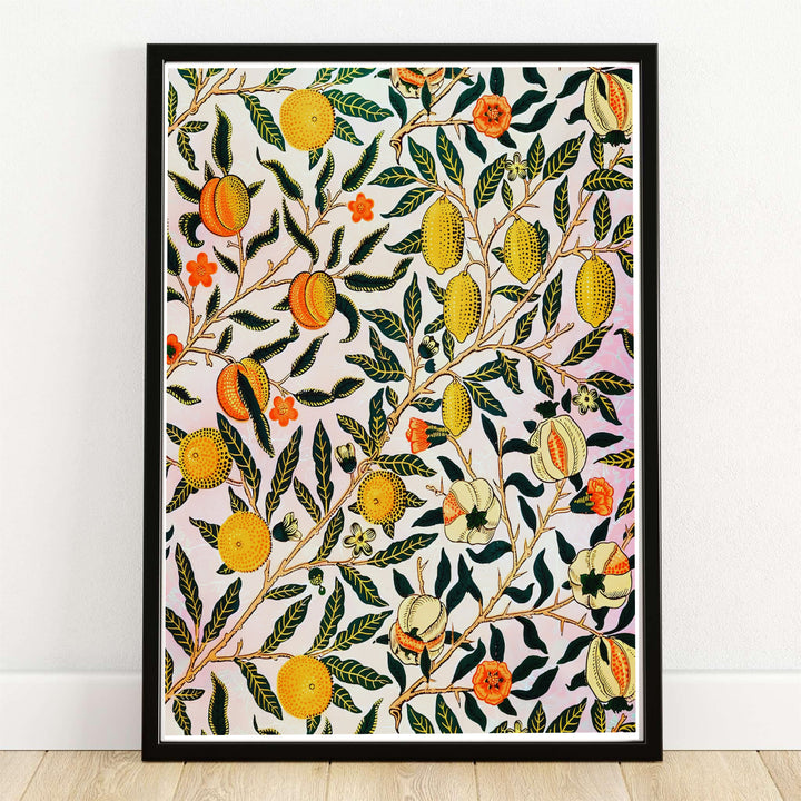 Ripe pomegranates, lemons, and green leaves fill a full-bleed William Morris Pomegranate Fruit print. MapYourDreams supplies this vintage artwork in framed, unframed, and canvas options available for kitchen wall decor.