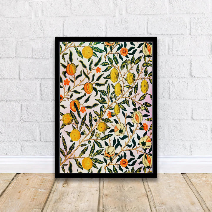 Warm orange and leafy green shades blend in this timeless English William Morris Pomegranate Fruit print layout. Choose tailored framed, unframed, and canvas options available at MapYourDreams to complement wooden furniture.
