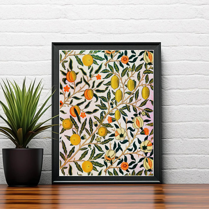 Full-bleed citrus fruit illustrations star in this 19th-century William Morris Pomegranate Fruit art poster. Shop premium framed, unframed, and canvas options available online today from MapYourDreams for cozy kitchen walls.