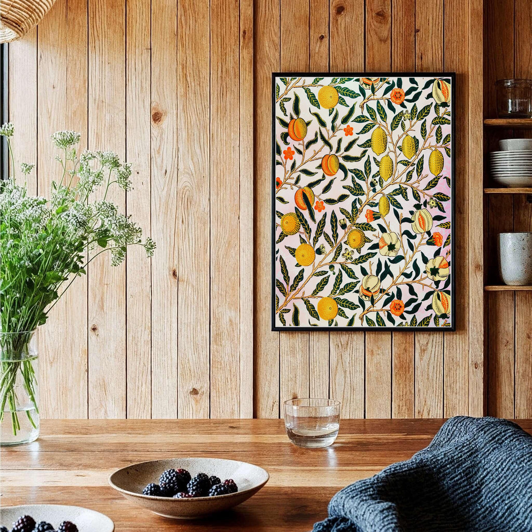 A vibrant orange and green colorway transforms this classic 1864 William Morris Pomegranate Fruit design for homes. Explore fine framed, unframed, and canvas options available at MapYourDreams for lasting wall beauty.