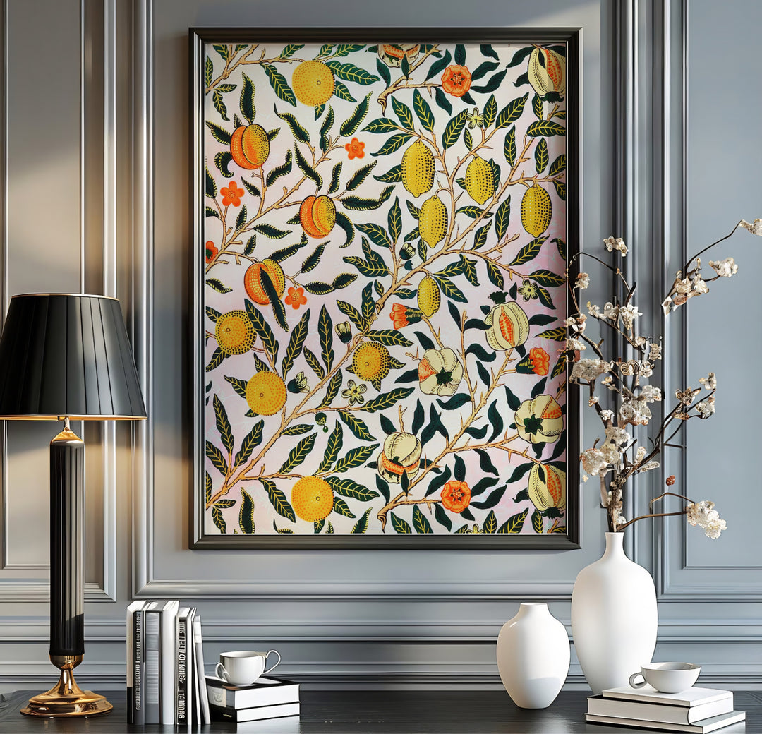 Cheerful orange fruit and dark green leaves define this Arts and Crafts William Morris Pomegranate Fruit wallpaper print. MapYourDreams offers fine art framed, unframed, and canvas options available for dining room displays.