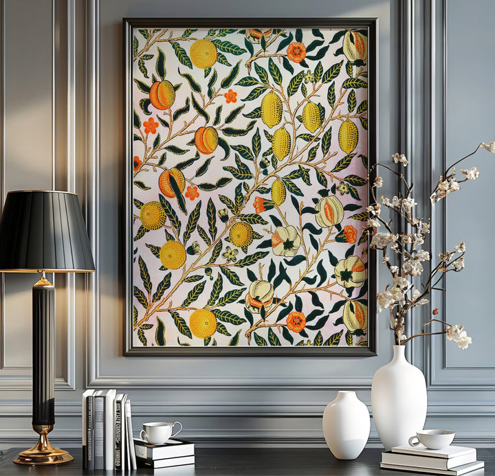 Cheerful orange fruit and dark green leaves define this Arts and Crafts William Morris Pomegranate Fruit wallpaper print. MapYourDreams offers fine art framed, unframed, and canvas options available for dining room displays.