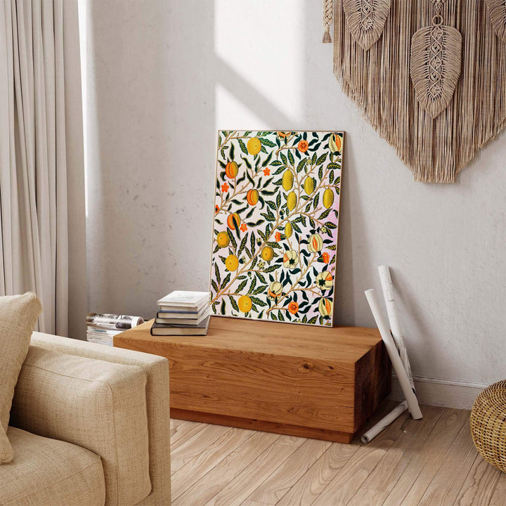 Ripe lemons and open pomegranates highlight this restored full-bleed William Morris Pomegranate Fruit wall art piece. Buy long-lasting framed, unframed, and canvas options available at MapYourDreams to expand your art gallery.
