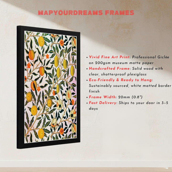 Slender branches heavy with lemons and pomegranates decorate this full-bleed William Morris Pomegranate Fruit poster. Select high-grade framed, unframed, and canvas options available at MapYourDreams for kitchen styling.