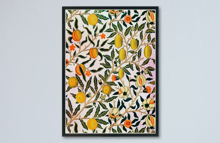 Flowing fruit vines create a cheerful, organic aesthetic in this William Morris Pomegranate Fruit art print. MapYourDreams features high-resolution framed, unframed, and canvas options available for farmhouse dining rooms.