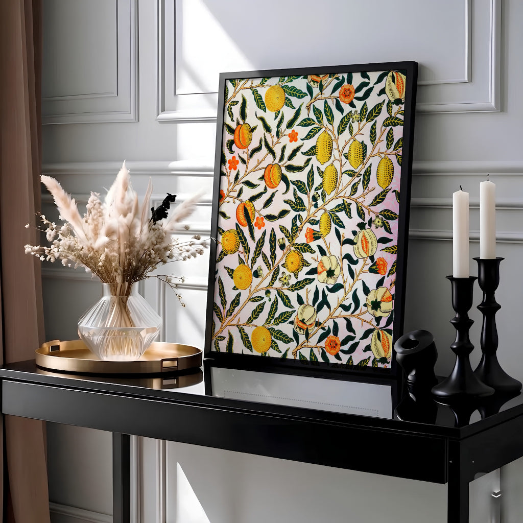 Slender fruit branches bear citrus and pomegranates in a seamless William Morris Pomegranate Fruit art print. MapYourDreams provides archival framed, unframed, and canvas options available for cheerful home interior styling.