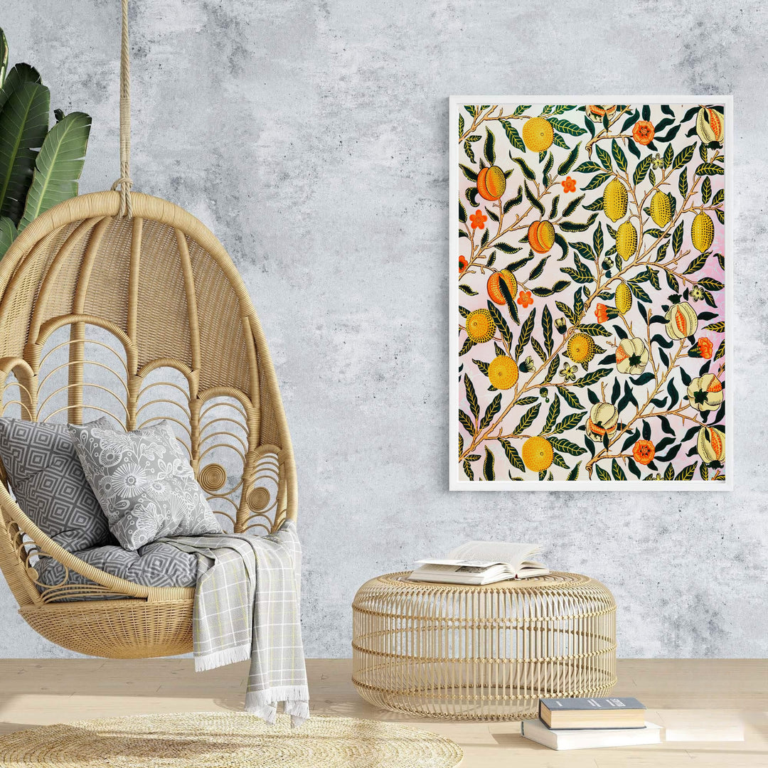 Citrus fruit and leafy branches weave together in this vintage William Morris Pomegranate Fruit design for wall decor. MapYourDreams offers versatile framed, unframed, and canvas options available to refresh your kitchen space.