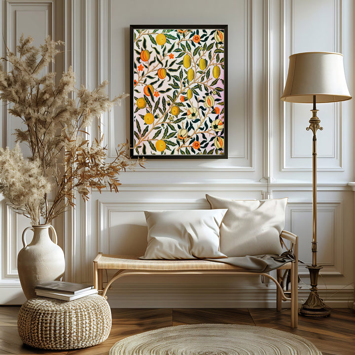 Warm orange and yellow fruit tones combine for a natural aesthetic in this William Morris Pomegranate Fruit poster. Shop ready-to-ship framed, unframed, and canvas options available from MapYourDreams for modern homes.