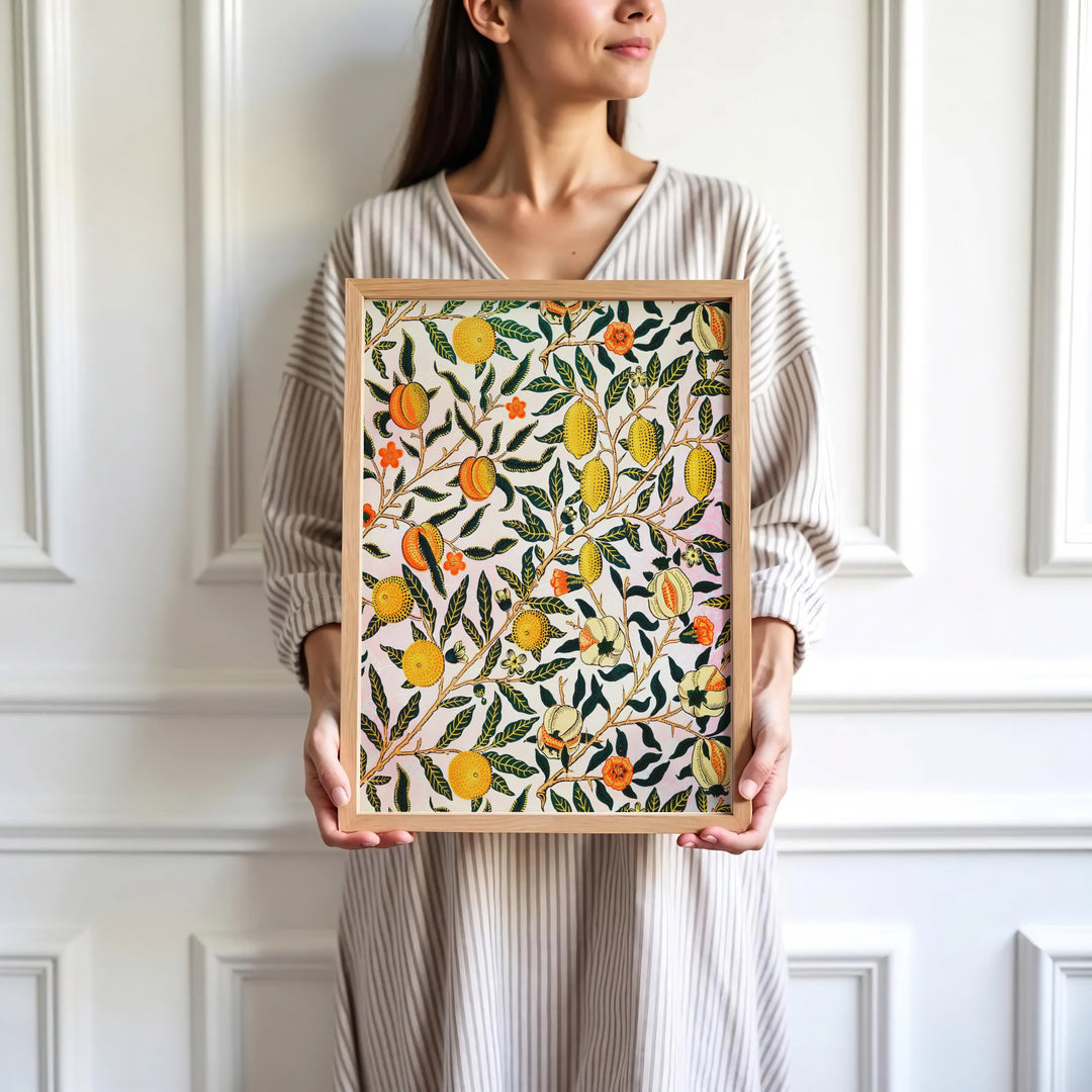 Botanical line art and ripe fruit illustrations bring historic charm in this William Morris Pomegranate Fruit print. MapYourDreams delivers museum-quality framed, unframed, and canvas options available for quick home delivery.