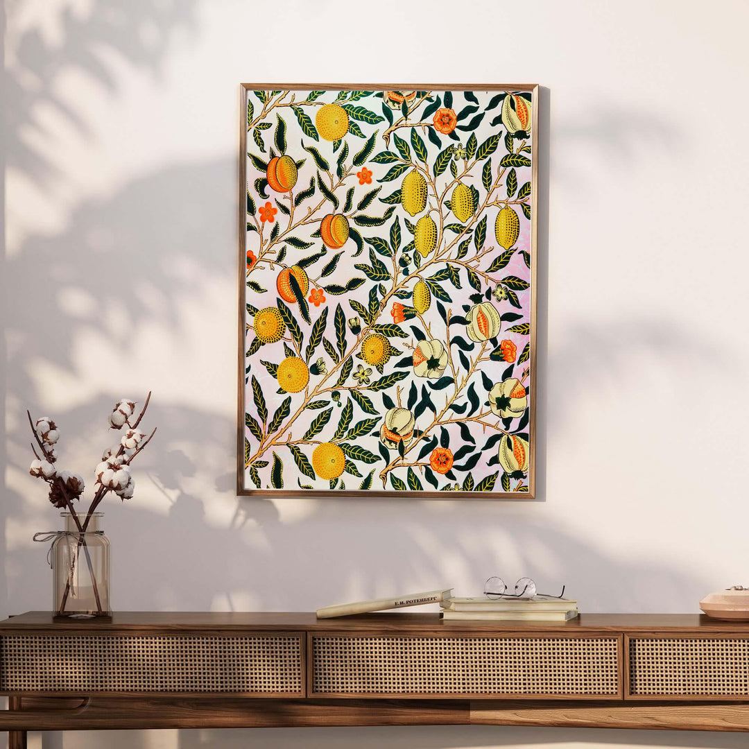 Orange pomegranates and yellow lemons highlight the edge-to-edge design of this William Morris Pomegranate Fruit print. Find stunning framed, unframed, and canvas options available at MapYourDreams for gallery walls.
