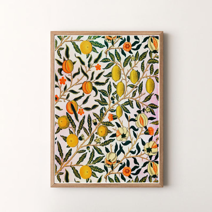 Cheerful orange green wall decor inspired by 1864 wallpaper defines this William Morris Pomegranate Fruit print. MapYourDreams brings tailored framed, unframed, and canvas options available to match your unique home decor.