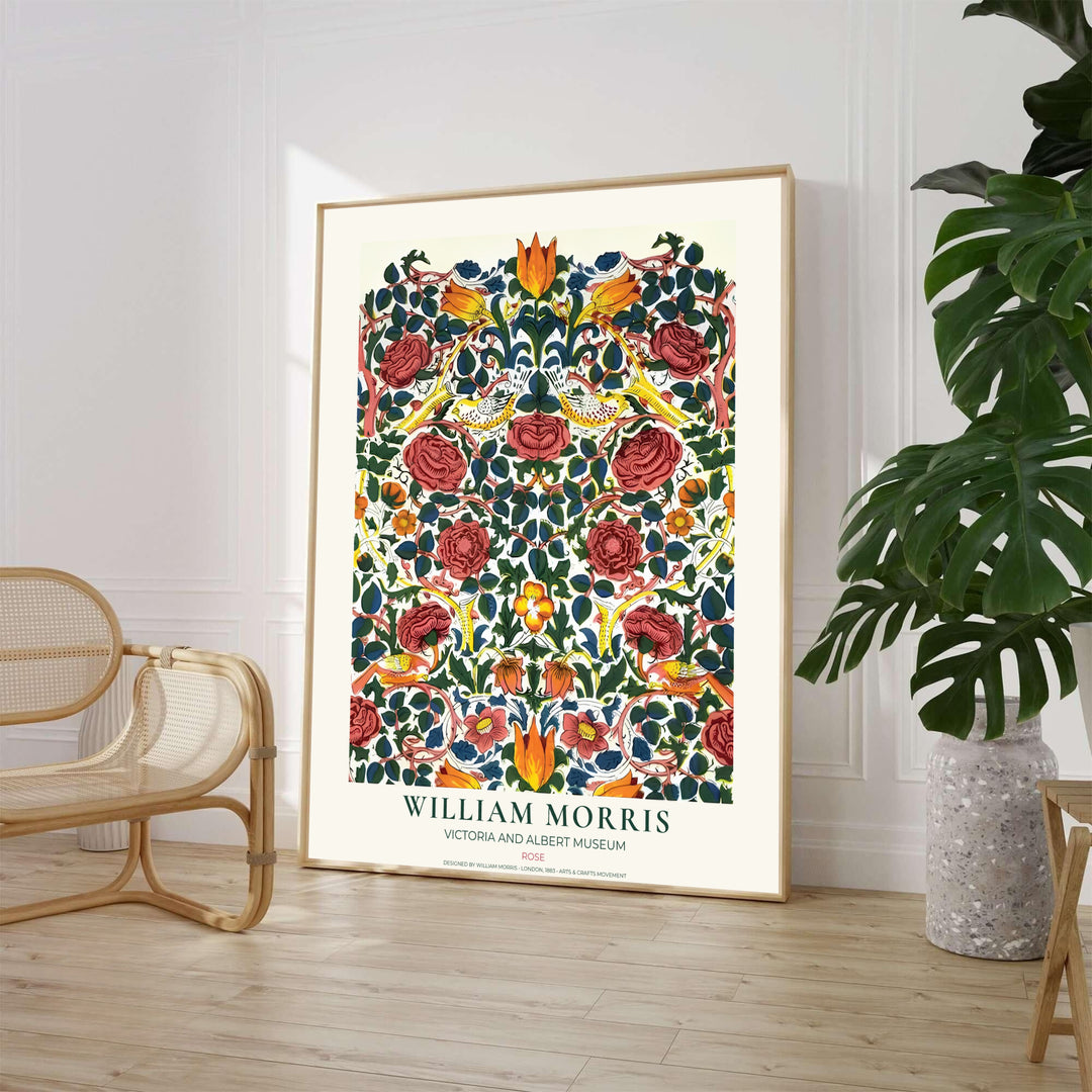 Bring classic garden charm to your home with this colorful red and yellow William Morris Rose exhibition layout. MapYourDreams offers custom framed, unframed, and canvas options available for dining room or hallway wall displays.
