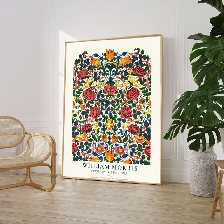 Bring classic garden charm to your home with this colorful red and yellow William Morris Rose exhibition layout. MapYourDreams offers custom framed, unframed, and canvas options available for dining room or hallway wall displays.