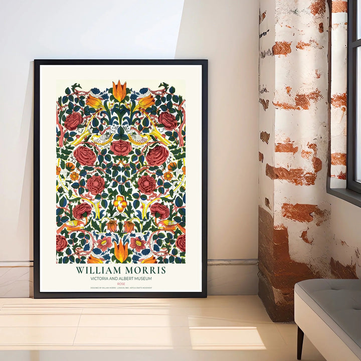 Perched yellow birds and deep red roses highlight this restored William Morris Rose print design. Order beautiful framed, unframed, and canvas options available at MapYourDreams to create an eye-catching focal point.