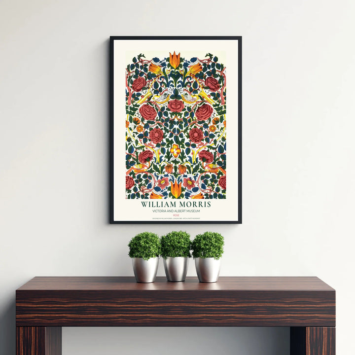 Inspired by classic 1883 textile patterns, this William Morris Rose art piece features arched floral graphics. Explore versatile framed, unframed, and canvas options available at MapYourDreams for cottagecore home decor.