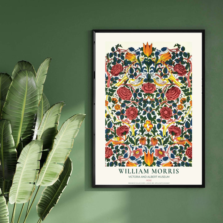 Crimson rose petals mix with yellow tulips and birds in this William Morris Rose wall poster. MapYourDreams delivers museum-grade framed, unframed, and canvas options available with fast shipping for art lovers.