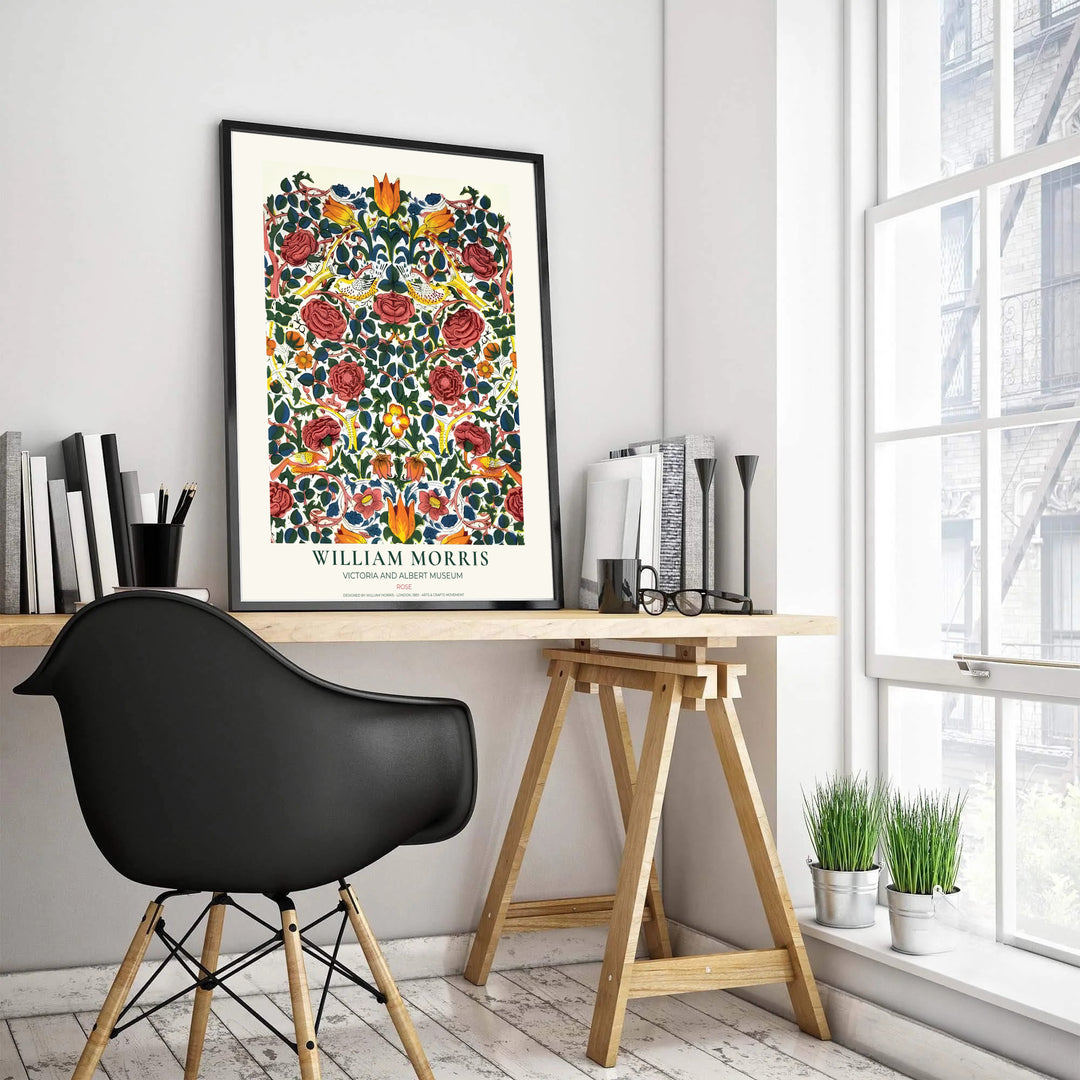 Historical block-printed textile graphics set in a cream museum border shine in this William Morris Rose poster. MapYourDreams presents professional framed, unframed, and canvas options available to suit your frame style.