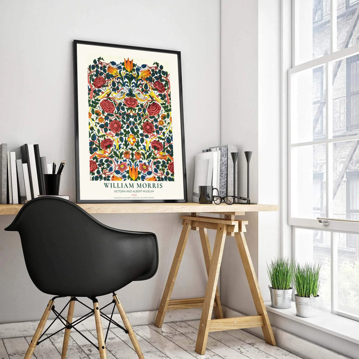 Historical block-printed textile graphics set in a cream museum border shine in this William Morris Rose poster. MapYourDreams presents professional framed, unframed, and canvas options available to suit your frame style.