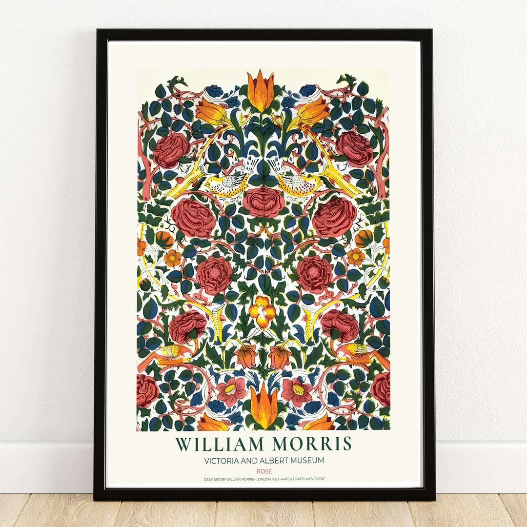 Crimson roses and yellow songbirds decorate this restored William Morris Rose wall art piece. Buy long-lasting framed, unframed, and canvas options available at MapYourDreams to expand your home art collection.
