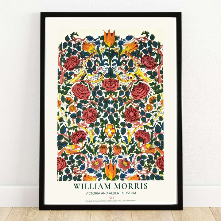 Crimson roses and yellow songbirds decorate this restored William Morris Rose wall art piece. Buy long-lasting framed, unframed, and canvas options available at MapYourDreams to expand your home art collection.