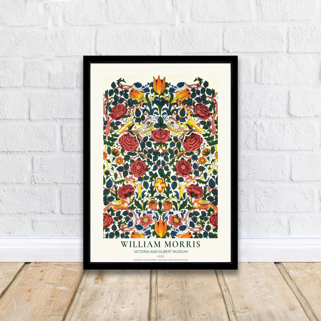 Earthy green leaves and rich red rose shades combine in this timeless English William Morris Rose print layout. Choose tailored framed, unframed, and canvas options available at MapYourDreams to complement wooden furniture.